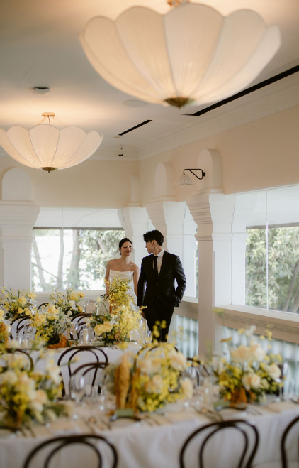 Wedding reception tables with yellow florals at 1-Flowerhill